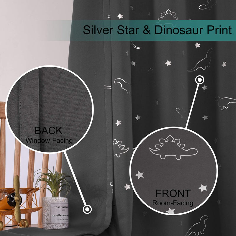 LORDTEX Dinosaur and Star Foil Print Blackout Curtains for Kids Room - Thermal Insulated Curtains Noise Reducing Window Drapes for Boys and Girls Bedroom, 42 x 63 Inch, Grey, Set of 2 Panels - Image 4